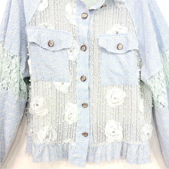 Pol Anthropologie LEAH Blue Eyelet Lace Pearl Flower Embellished Jacket - Picture 10 of 16